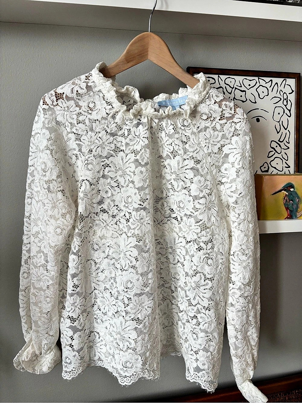 Hill House Floral Lace Long Sleeve Blouse in White Large